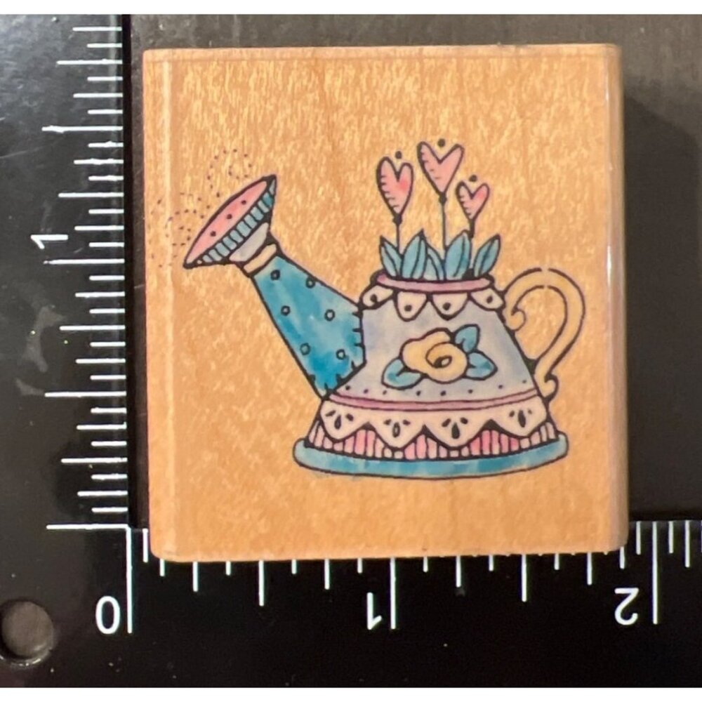 VINTAGE Penny Black Wood Mounted Rubber Stamp Heart Watering Can Blooming Heart